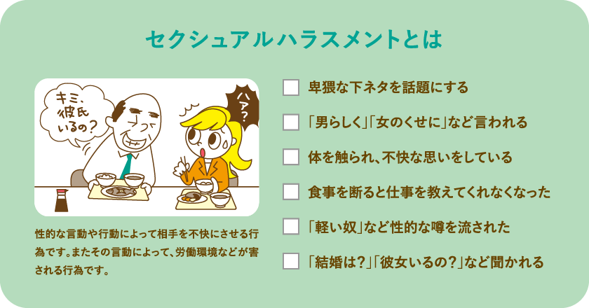 セクシュアルハラスメントとは　性的な言動や行動によって相手を不快にさせる行為です。またその言動によって、労働環境などが害される行為です。