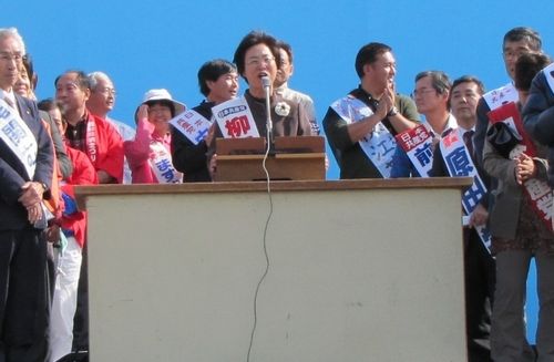 勝利への決意を語る地方選候補者＝１１月３日、大高緑地公園